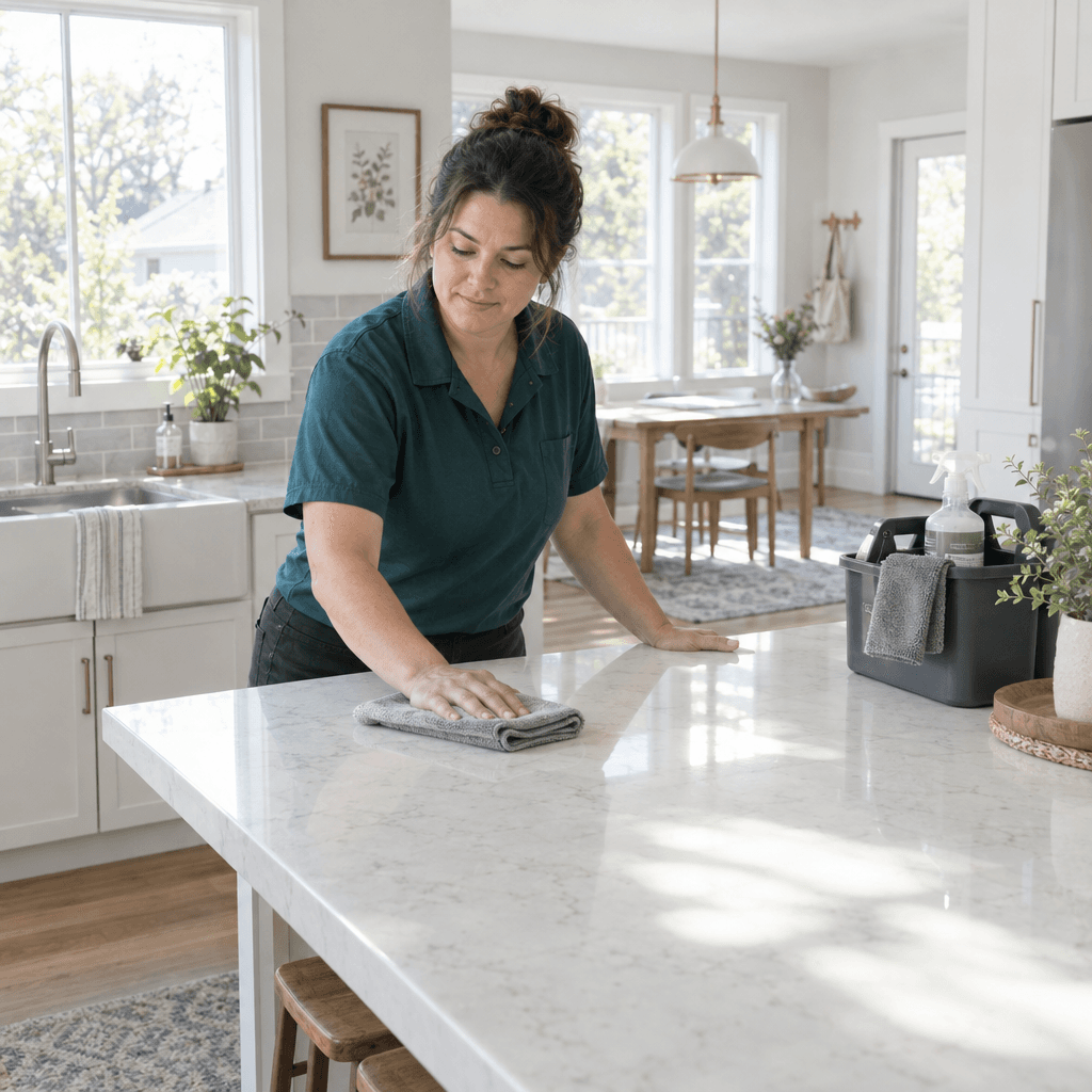A cleaner wiping a kitchen counter in a bright home.